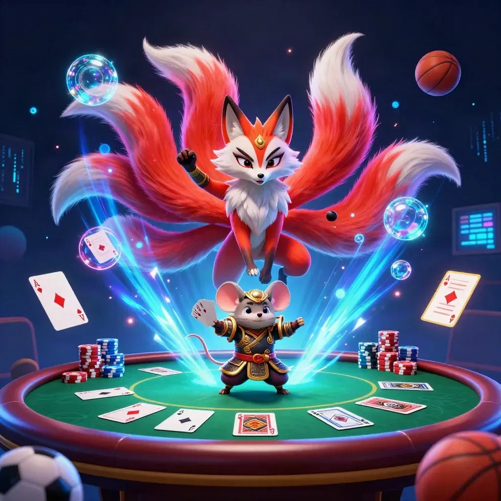 Mythic fox spirit and armored mouse amid casino game props and neon energy