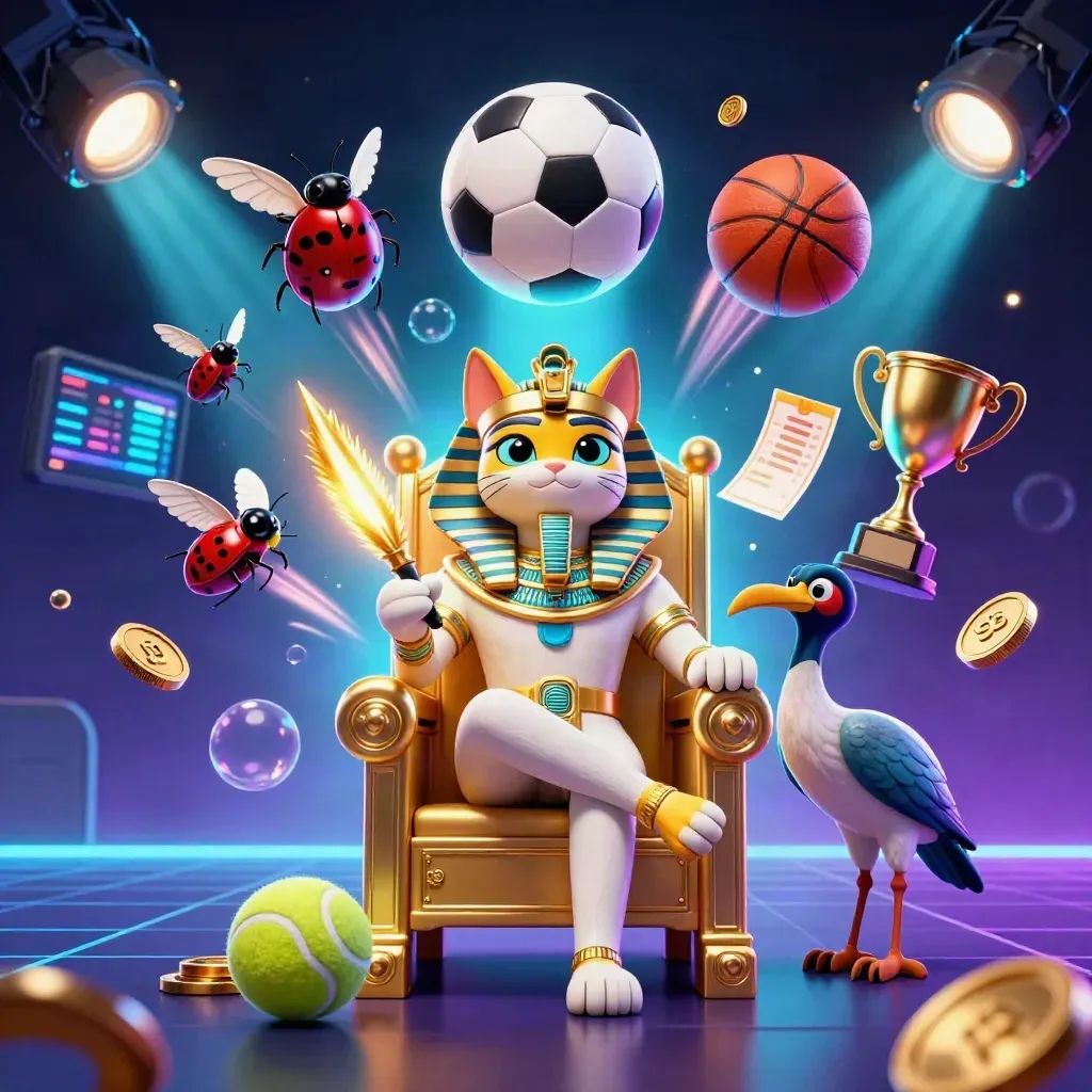 Pharaoh cat, ibis scribe and gem-wing scarabs amid flying sports balls, coins and neon glow.