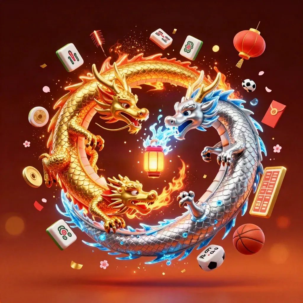 Gold and silver dragons spiral with fire and ice amid casino props, embers, and neon glow