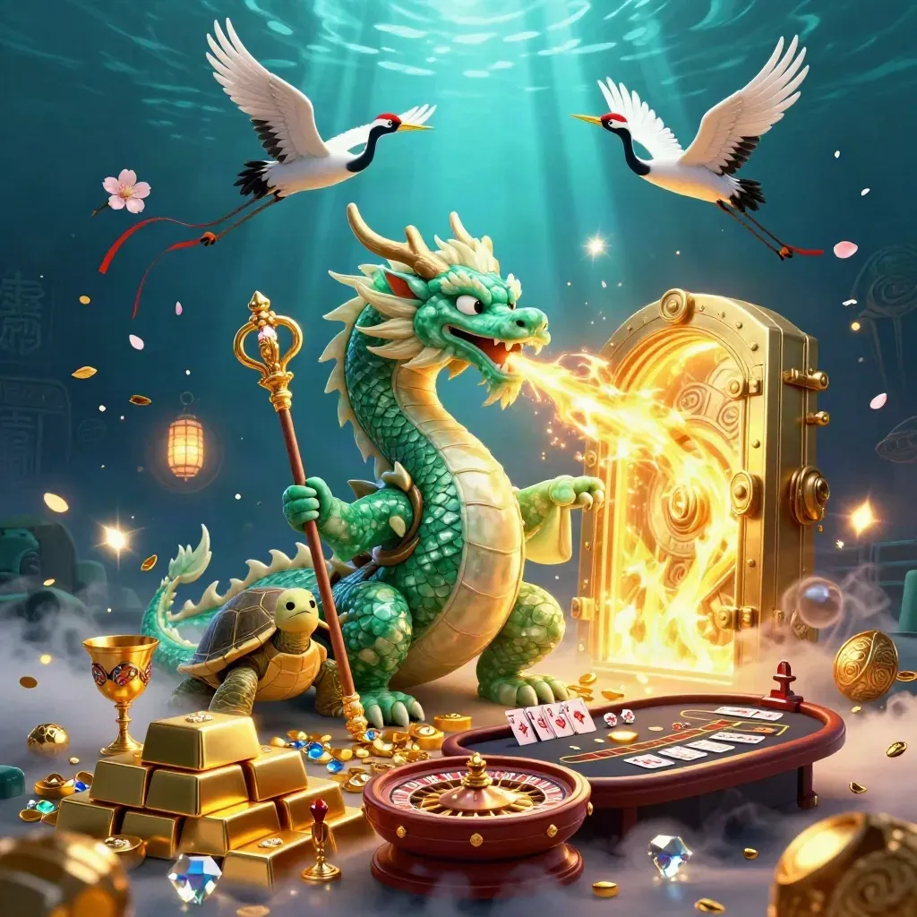 Emerald dragon, turtle sage, cranes, treasure vault, casino table, glowing gold in a dark teal dream.