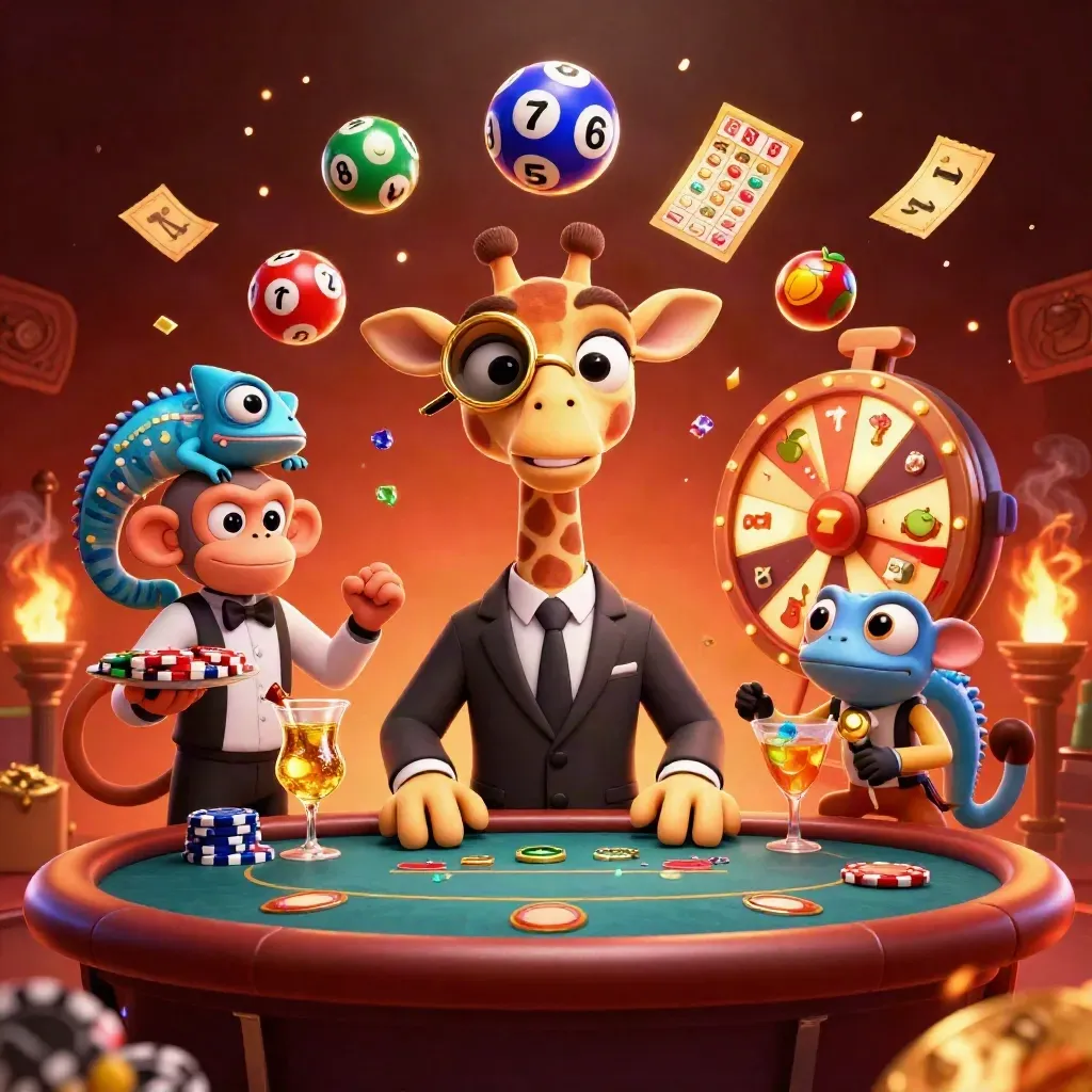 Neon casino trio: giraffe high-roller, monkey valet, and chameleon bartender amid ember glow