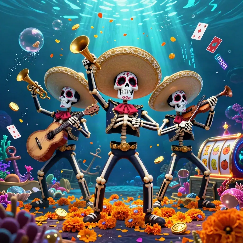 Day-of-the-Dead skeleton mariachi trio in an underwater treasure cove with neon casino energy