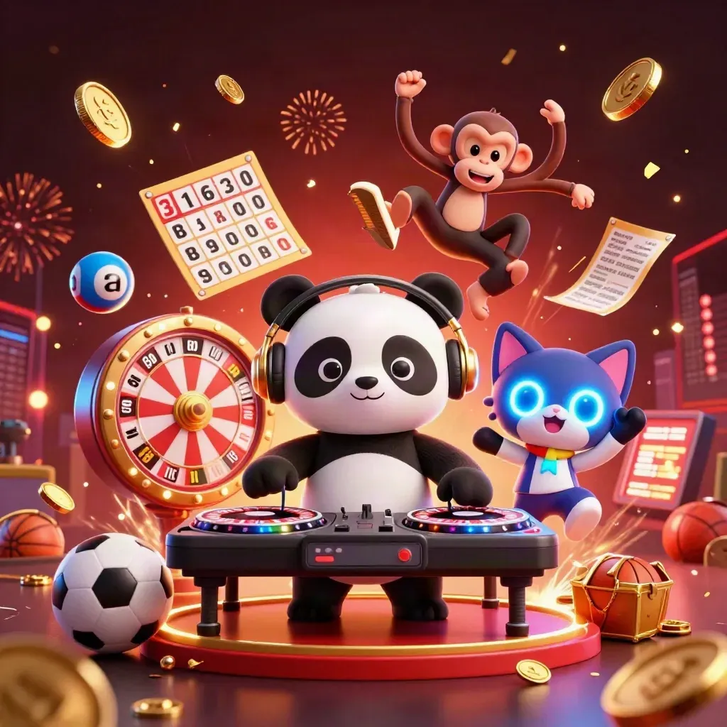 DJ panda, monkey, and glow-kitten amid coins, fireworks, and casino prize effects