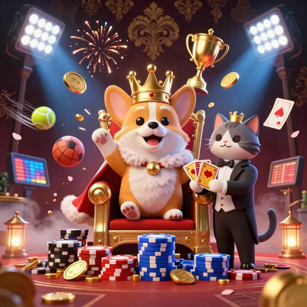 Royal corgi and cat butler amid coins, trophy, sports balls, and neon casino fireworks.