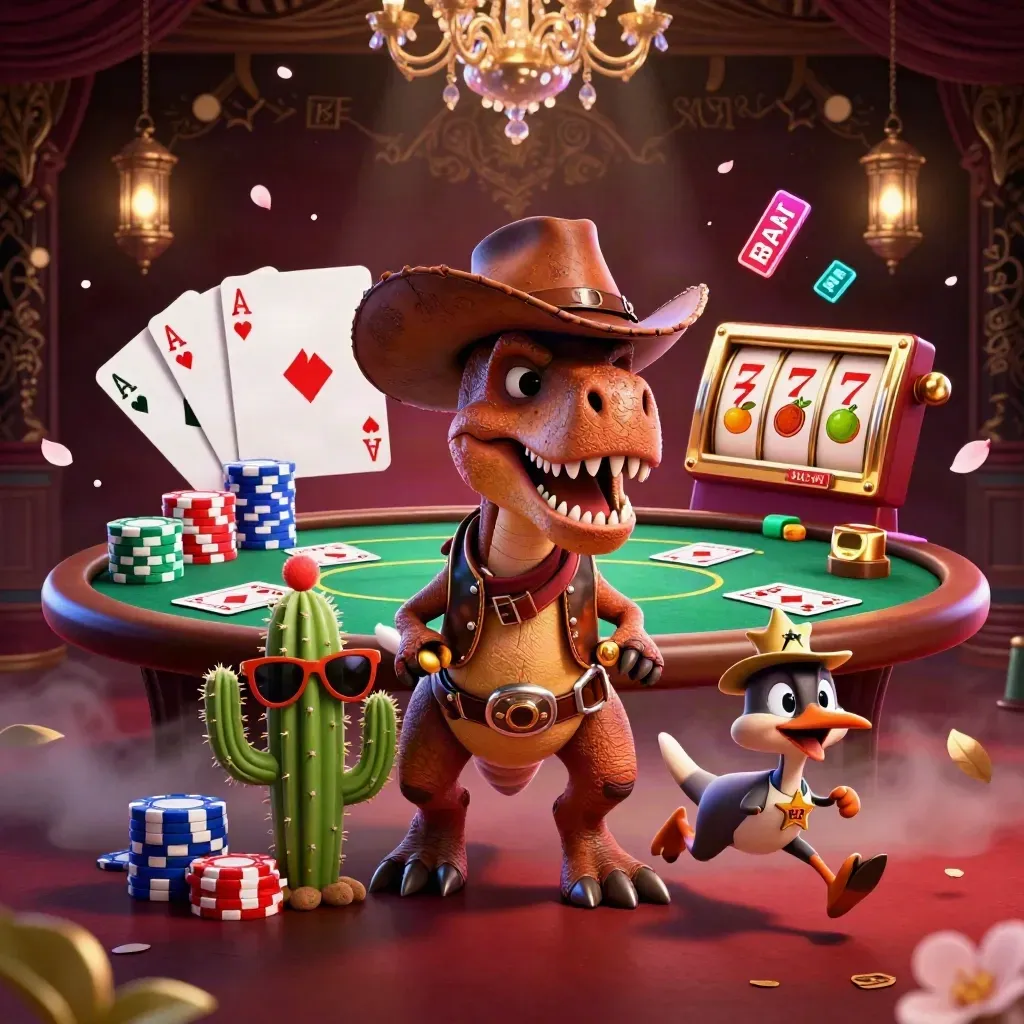 Cowboy T-Rex, cactus sidekick, and roadrunner amid casino chips, cards, and neon gaming effects
