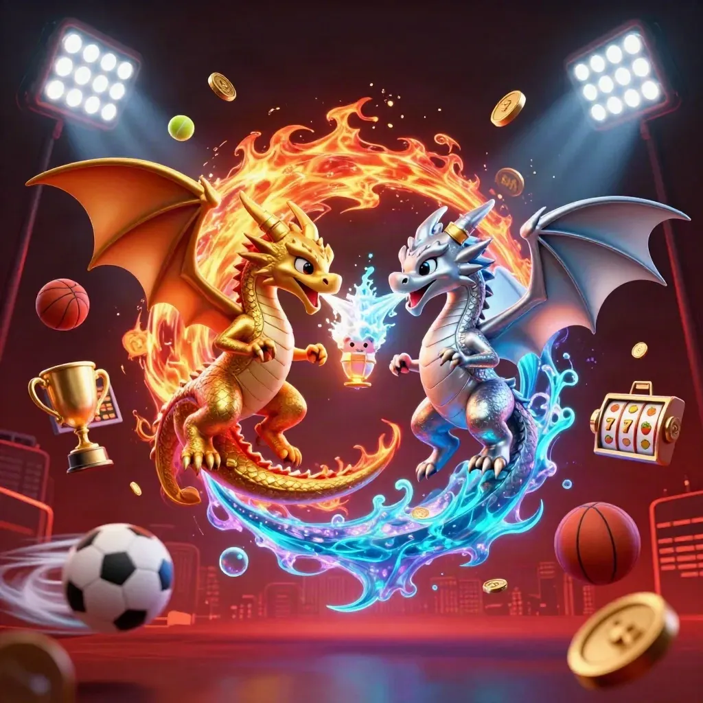 Twin gold and silver dragons in a fiery yin-yang swirl with casino sports props and neon light.